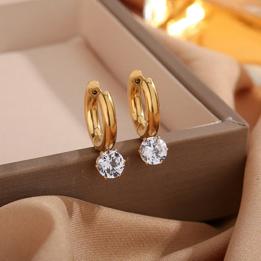 Golden Hoop Earrings with Round Crystal Drop