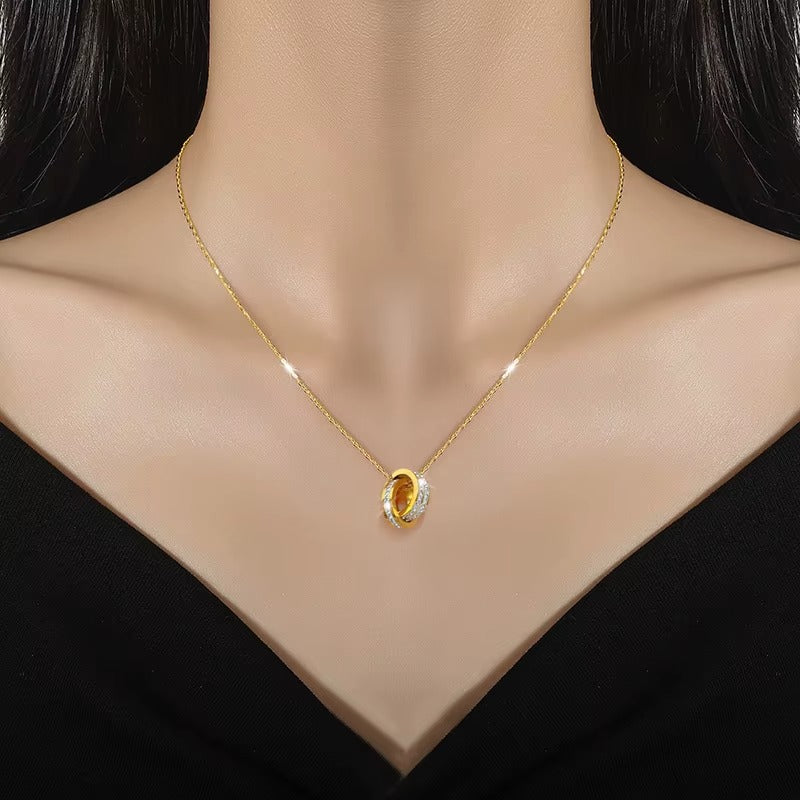 Premium Quality Gold Pleated Circle & Crystal Ring Pendant Necklace