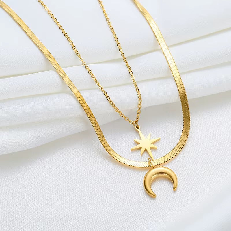 Star & Moon Layered Necklace Gold Pleated