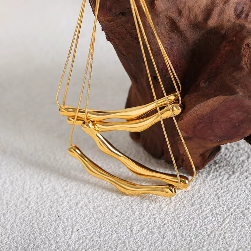 Gold Pleated Minimal Wave Bar Necklace