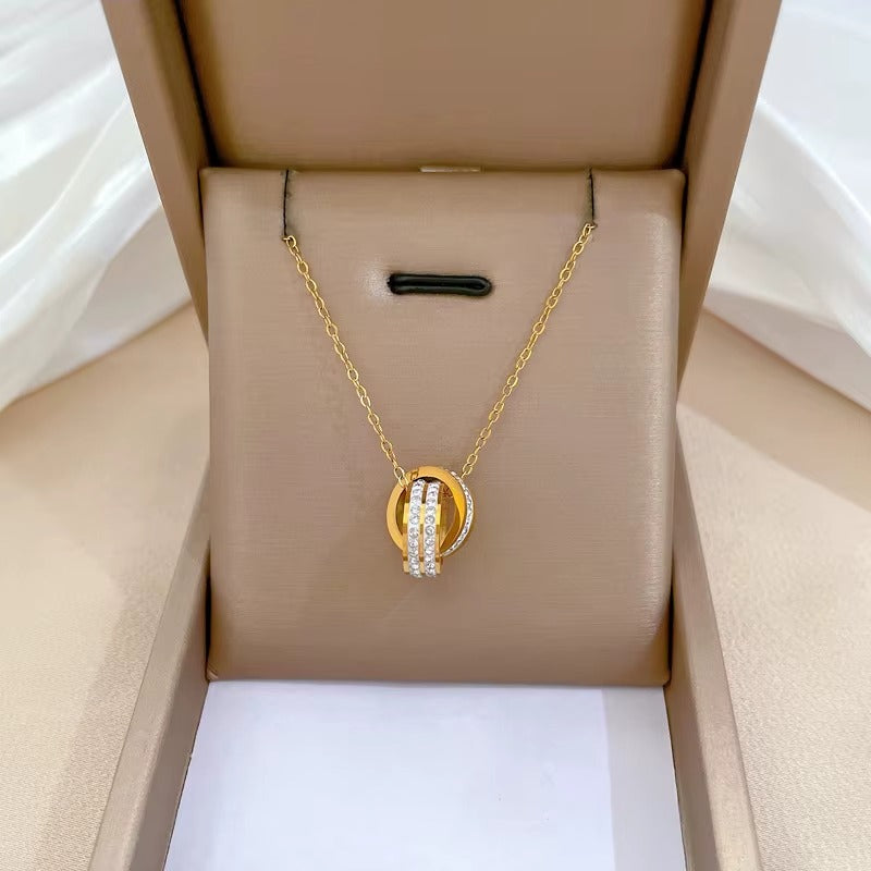 Premium Quality Gold Pleated Circle & Crystal Ring Pendant Necklace