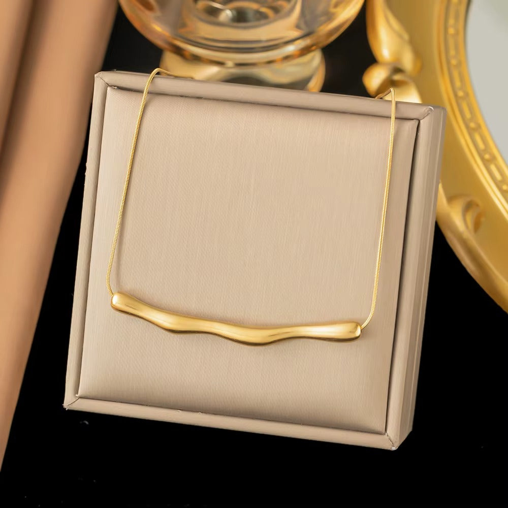 Gold Pleated Minimal Wave Bar Necklace
