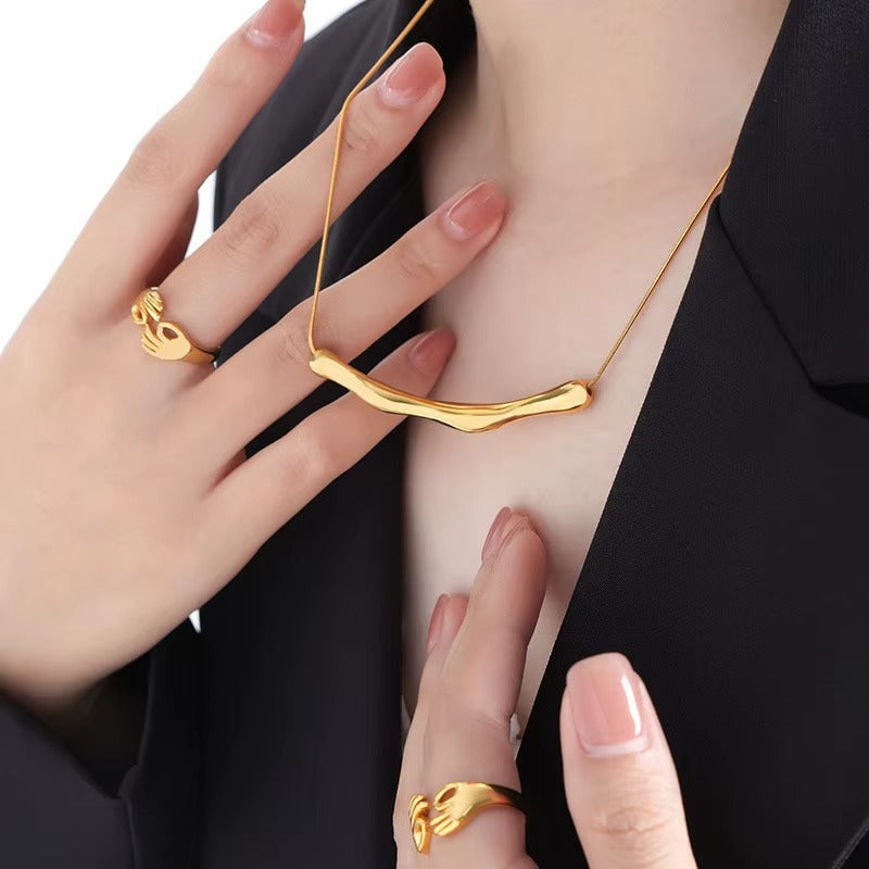 Gold Pleated Minimal Wave Bar Necklace