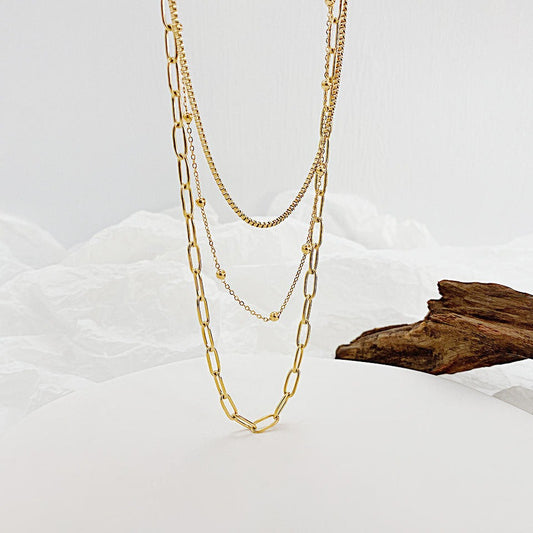 Multi-Layer Golden Chain Necklace with Textured Links and Bead Detailing