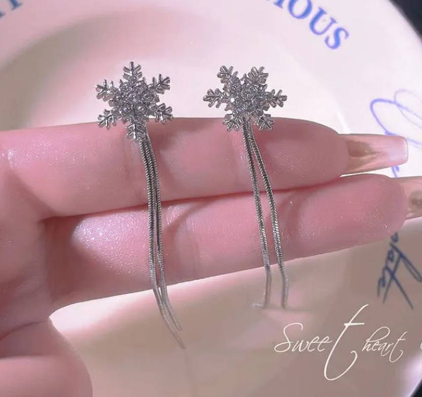 Silver Snowflake Long Tassel Korean Trendy Earrings