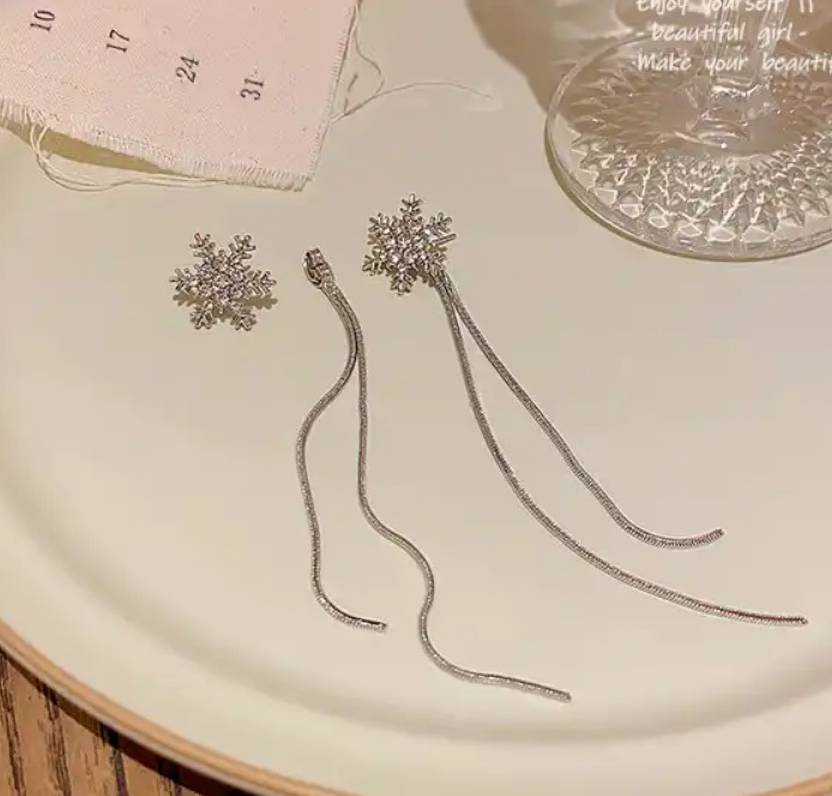 Silver Snowflake Long Tassel Korean Trendy Earrings