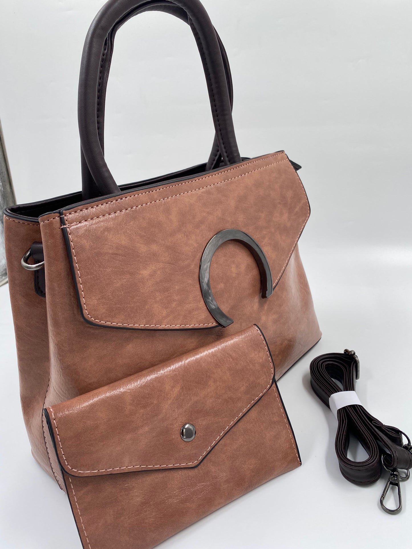 Solid Satchel Bag with Pouch